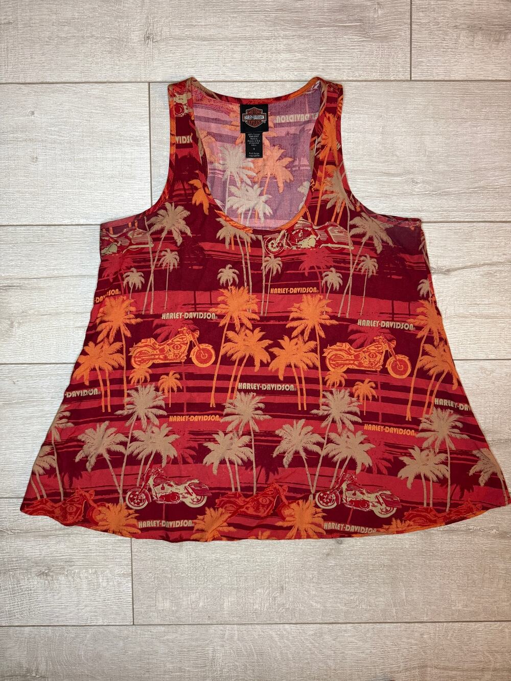 Harley Davidson Womens Tank Top Small Hawaiian Palm Tree Print Sleeveless Red